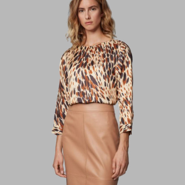 BOSS - Blusa Ipiti - regular fit - scollo rotondo pronunciato - beige chiaro e marrone
