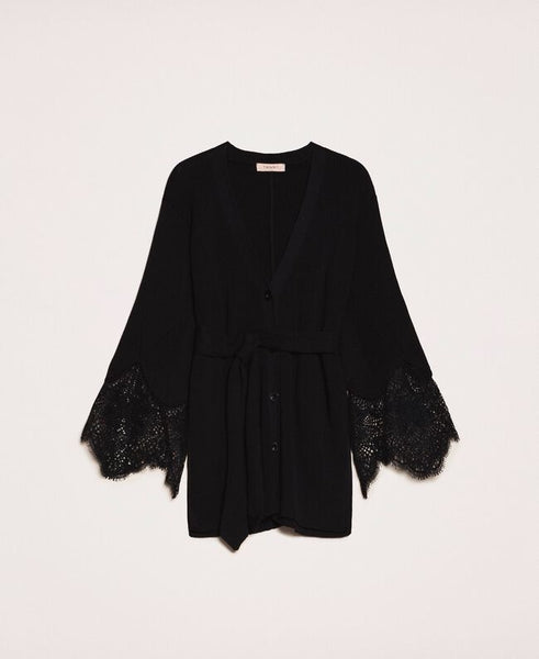 Maxi cardigan a costine con pizzo