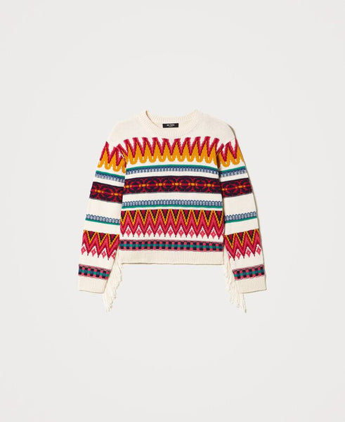 Maglia in misto lana jacquard con frange
