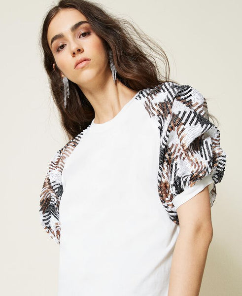 T-shirt con maniche in full paillettes check