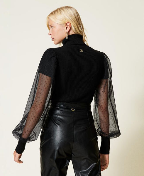 Maglia dolcevita con maniche in tulle