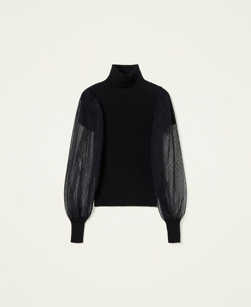 Maglia dolcevita con maniche in tulle