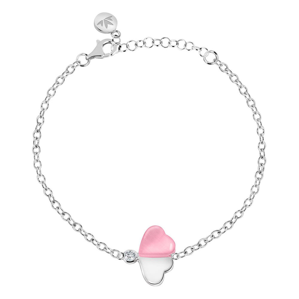 Bracciale Cuore - acciaio, pietra occhio di gatto rosa e zircone - color argento