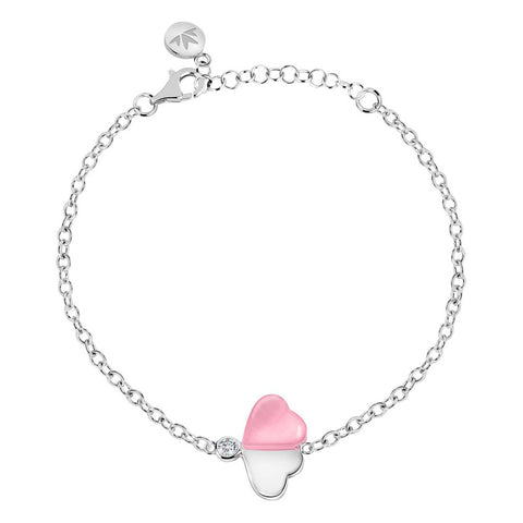 Bracciale Cuore - acciaio, pietra occhio di gatto rosa e zircone - color argento
