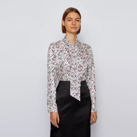 BOSS - blusa Bansuma - tailored fit - 100% seta - bianco e nero