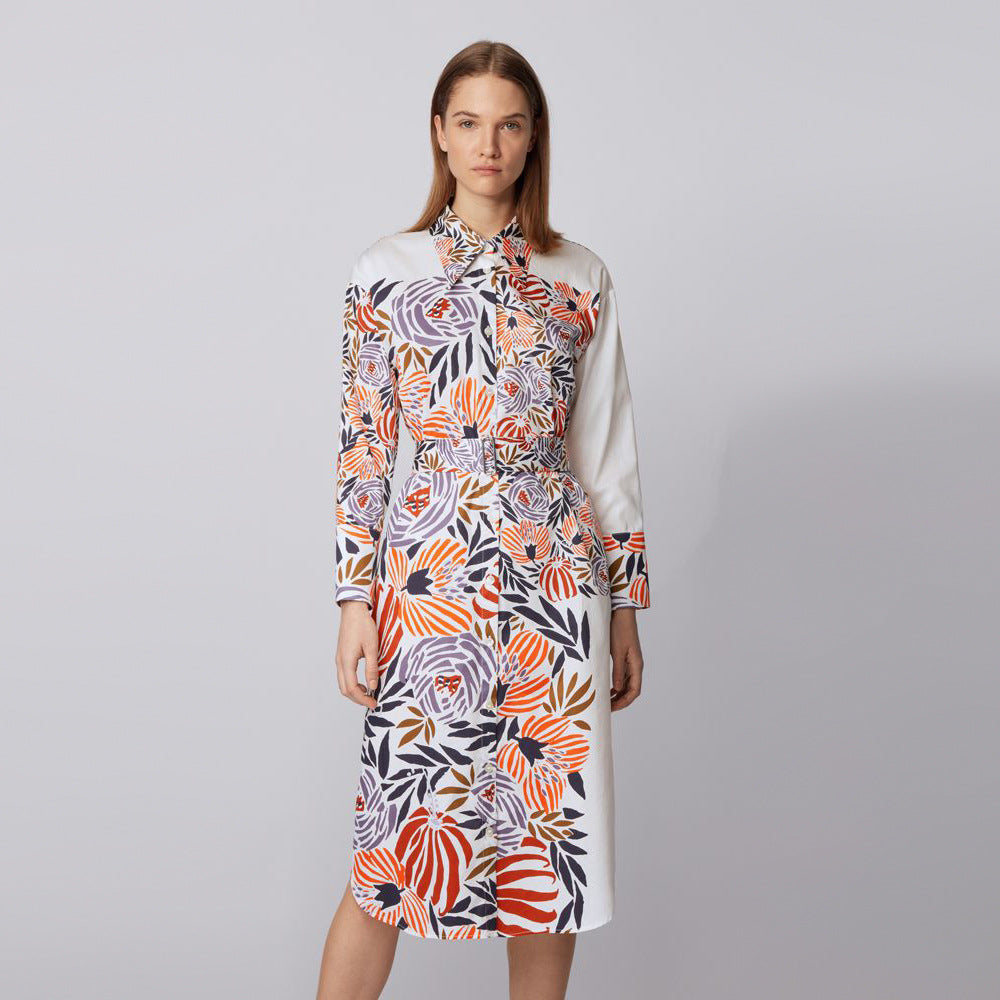 BOSS - Abito Dirrah - regular fit - colletto a punte libere - 100% cotone - bianco e multicolore