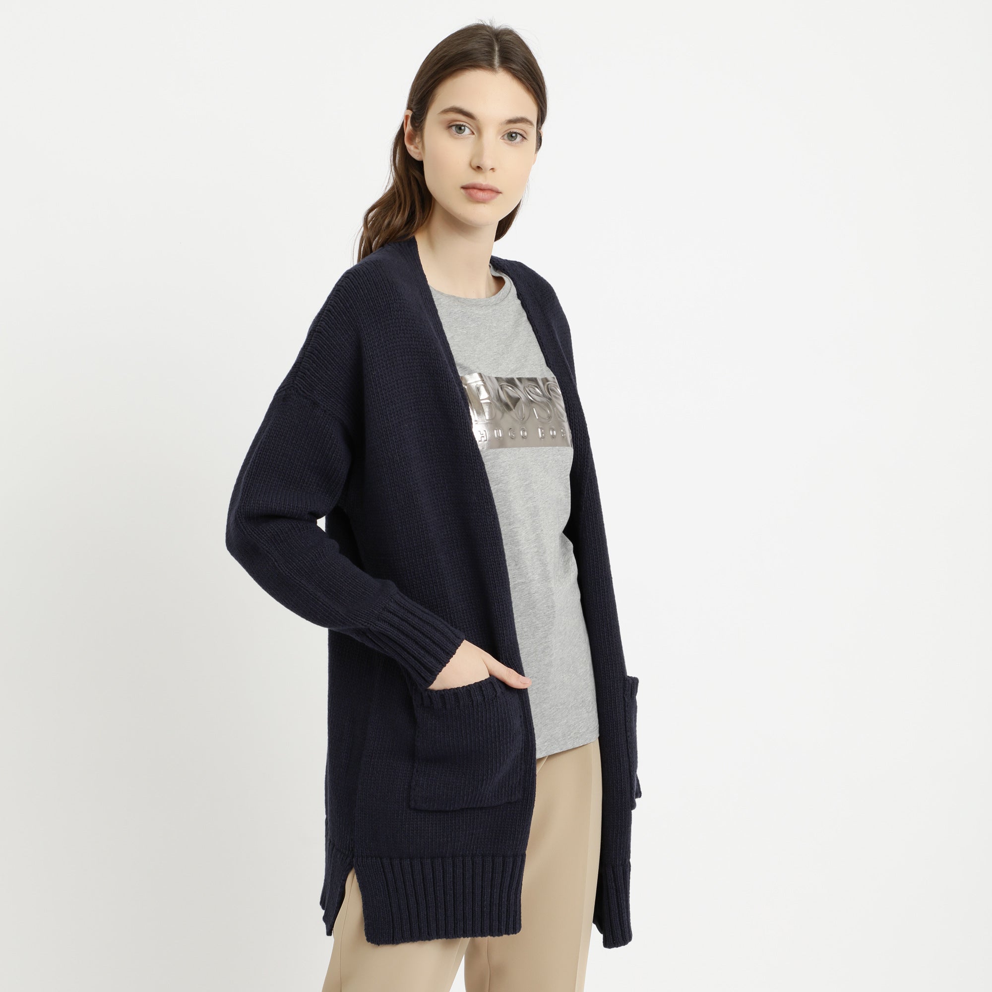BOSS - Cardigan Isalinni - 100% cotone - blu scuro