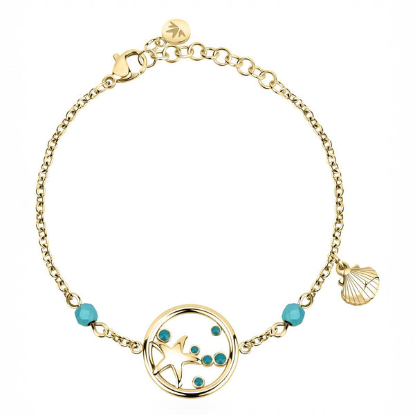 Bracciale Madagascar - acciaio e perline azzurre - color oro