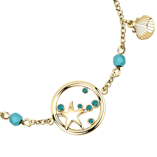 Bracciale Madagascar - acciaio e perline azzurre - color oro