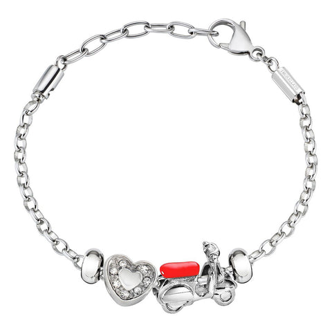 Bracciale Drops con charms - acciaio, cristalli e smalto rosso - color argento