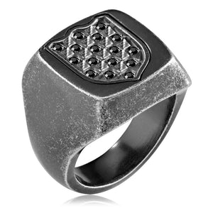 Anello con stemma Nobile - acciaio e cristalli - color argento e nero