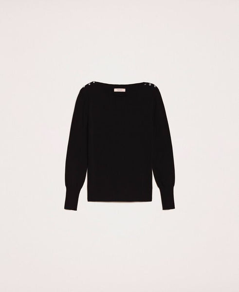 Maglia con bottoni strass sulle spalle