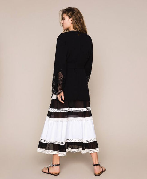 Maxi cardigan a costine con pizzo