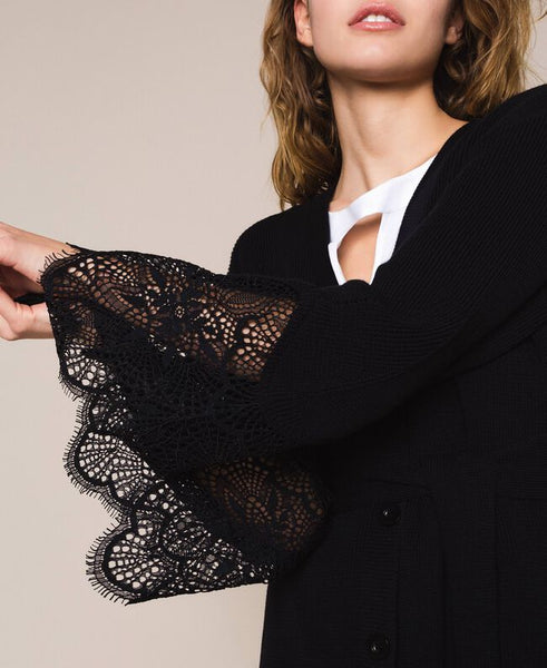 Maxi cardigan a costine con pizzo