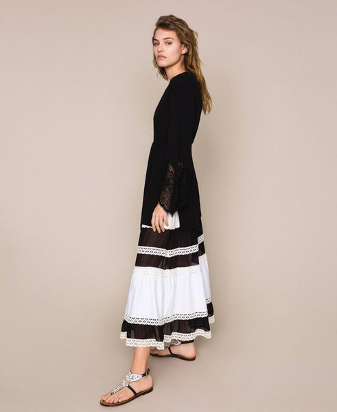 Maxi cardigan a costine con pizzo