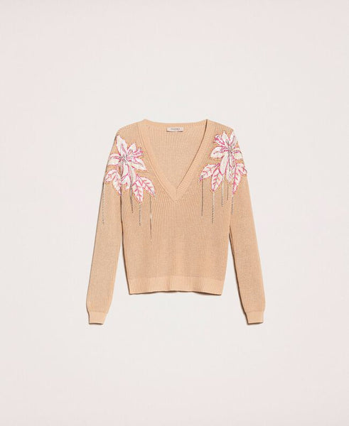 Maglia boxy con fiori patch e ricami