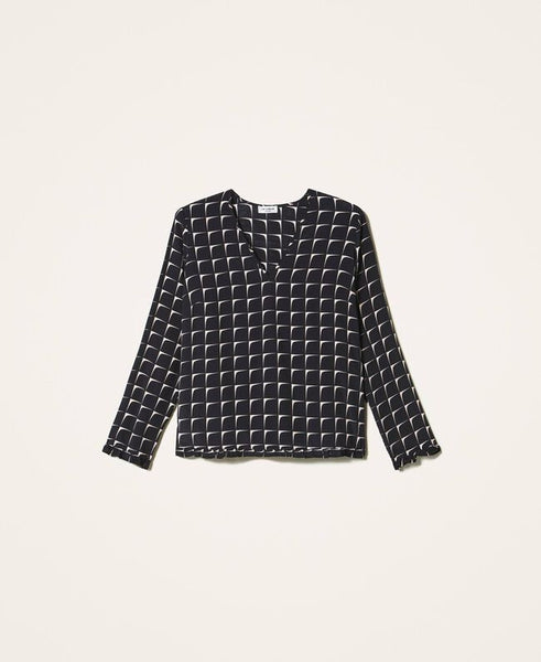 Blusa in crêpe de Chine stampata con balze