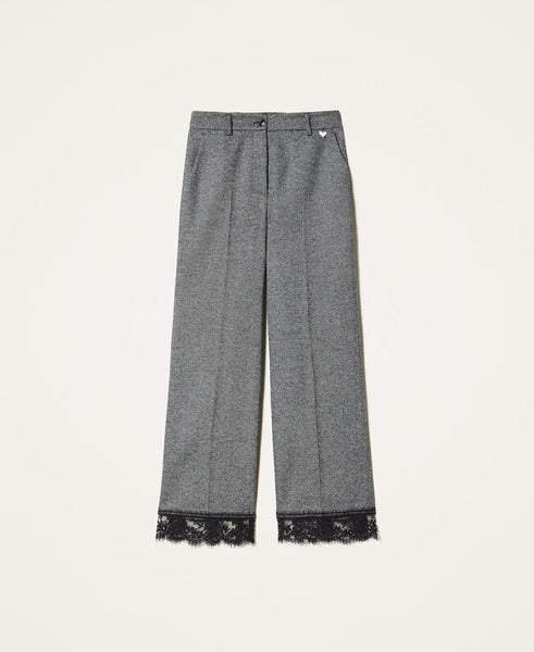 Pantaloni cropped in lana con pizzo