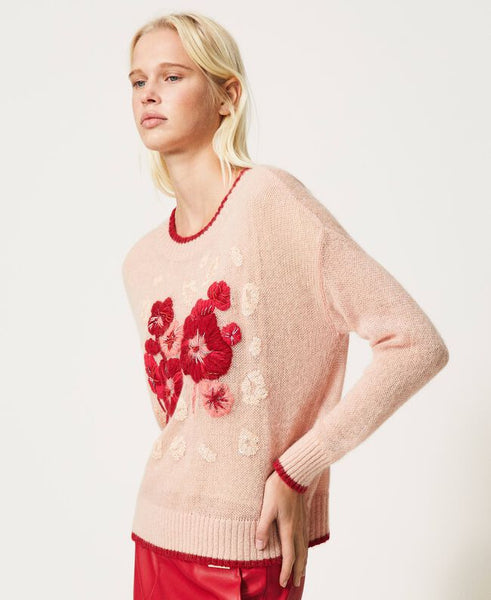 Maglia in misto mohair con ricamo floreale