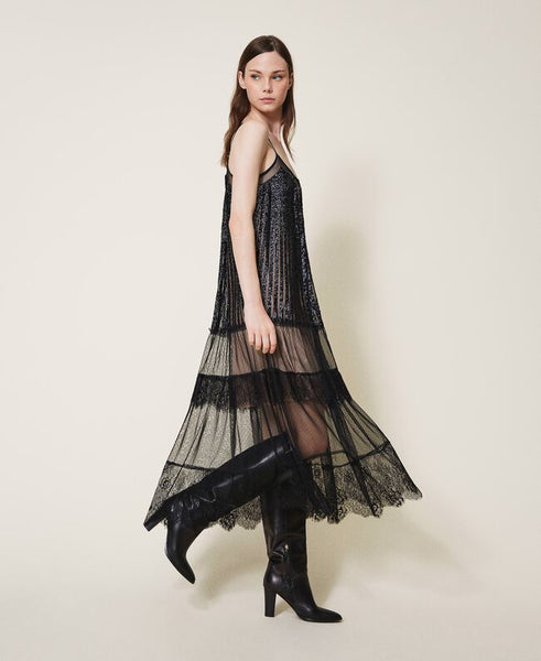⚡Abito lungo in tulle e pizzo con paillettes