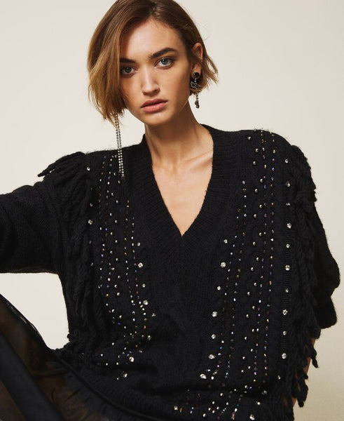 Maxi maglia in lana e alpaca con ricamo