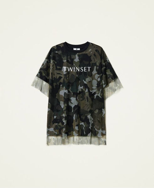 T-shirt con tulle e stampa camouflage