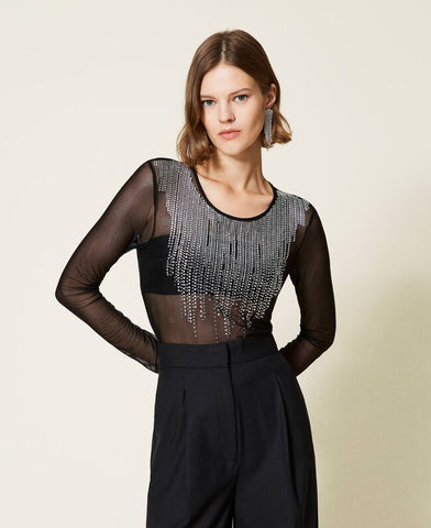 Blusa in tulle con strass