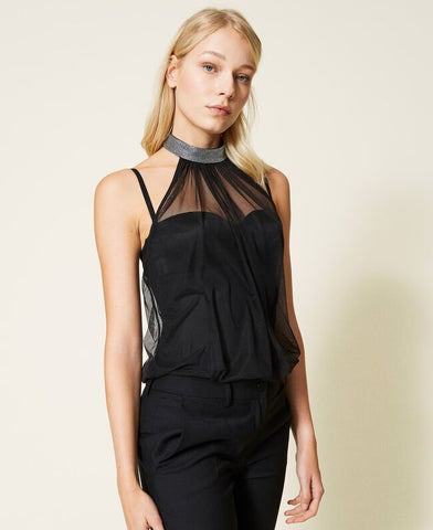 Body in raso e tulle con strass