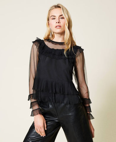 Blusa in tulle con balze plissé