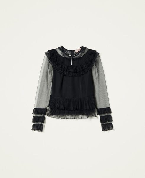 Blusa in tulle con balze plissé