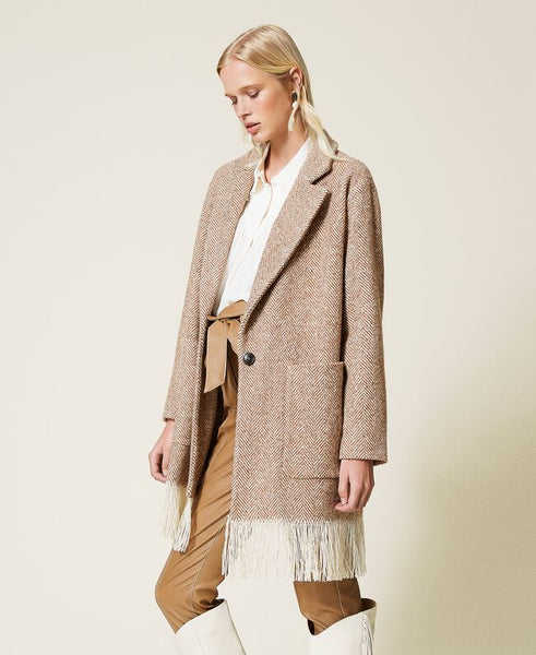 ⚡Cappotto in panno chevron con frange al fondo