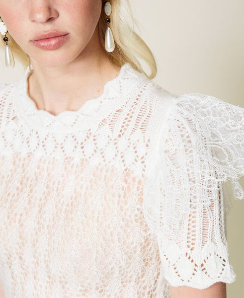 Maglia in misto lana traforata con pizzo