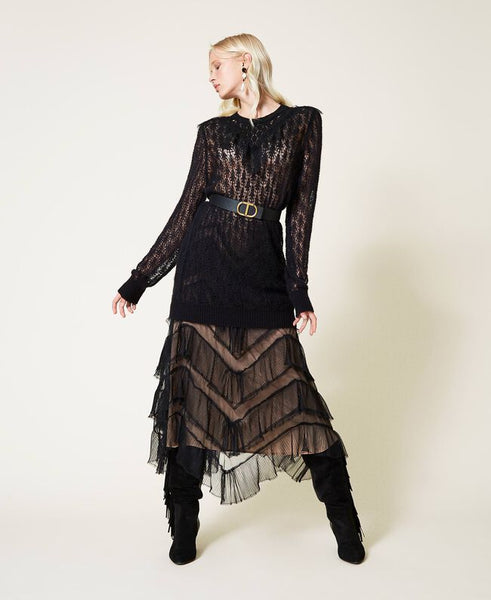 Maxi maglia in misto lana traforata con pizzo