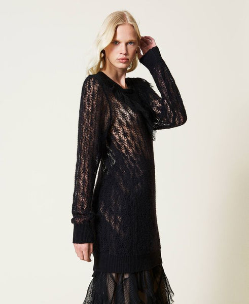 Maxi maglia in misto lana traforata con pizzo