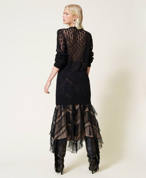 Maxi maglia in misto lana traforata con pizzo
