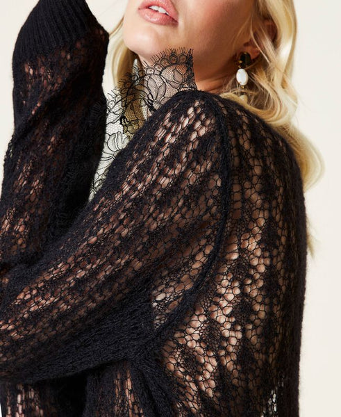 Maxi maglia in misto lana traforata con pizzo