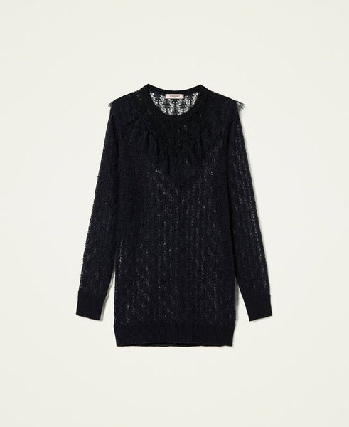 Maxi maglia in misto lana traforata con pizzo
