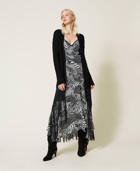 Maxi cardigan in misto lana con frange