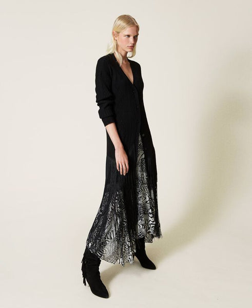 Maxi cardigan in misto lana con frange