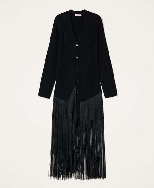 Maxi cardigan in misto lana con frange
