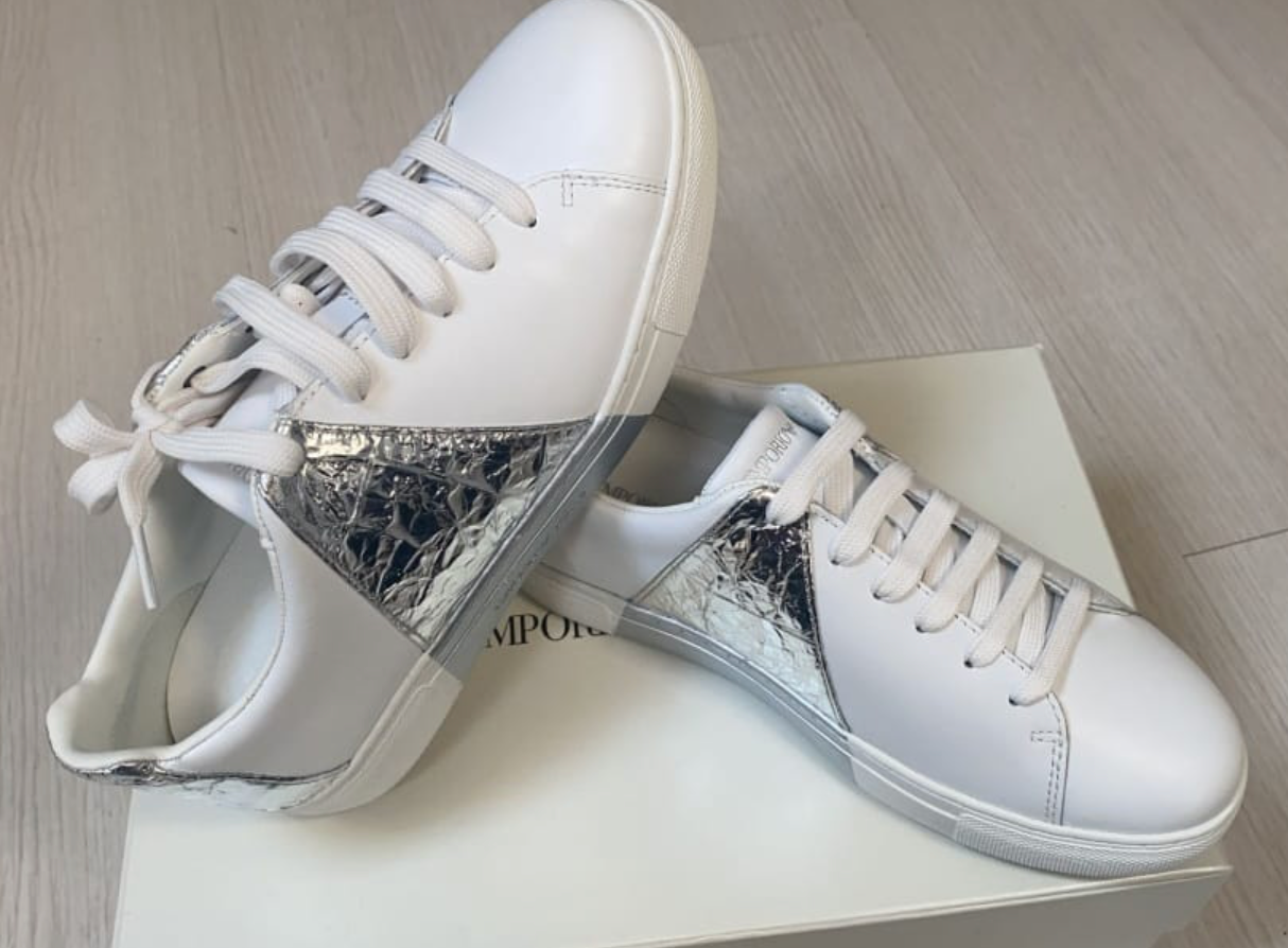 Sneaker in pelle e tessuto argento