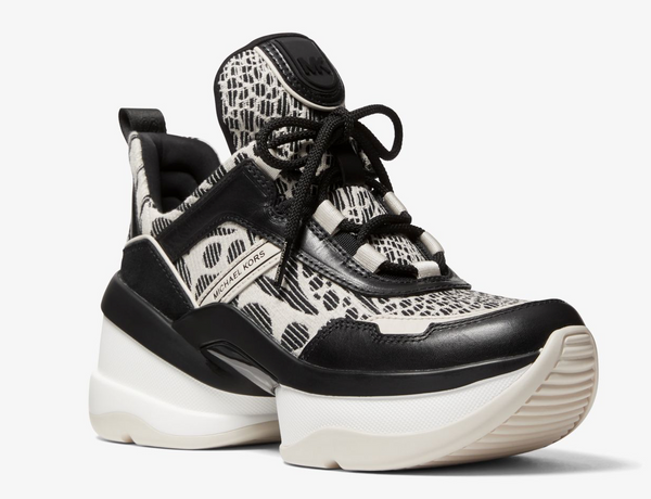 MICHAEL MICHAEL KORS Olympia Leather and Animal Print Jacquard Trainer BLACK